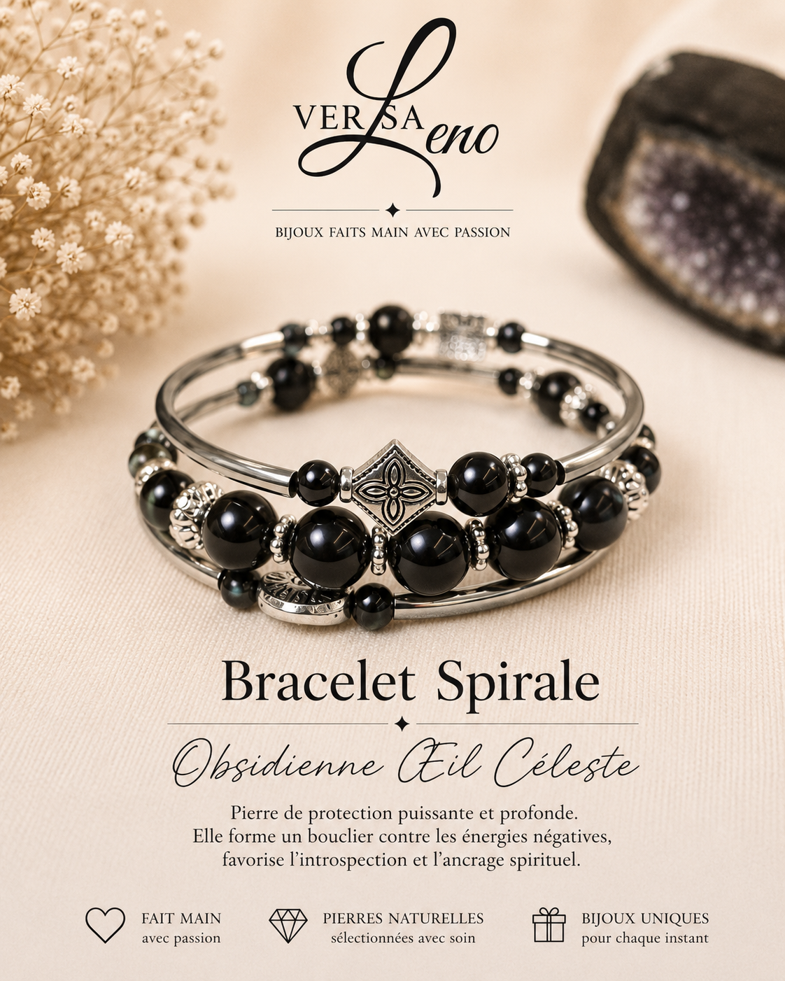 Bracelet Spirale Obsidienne Œil Céleste — VersaLeno