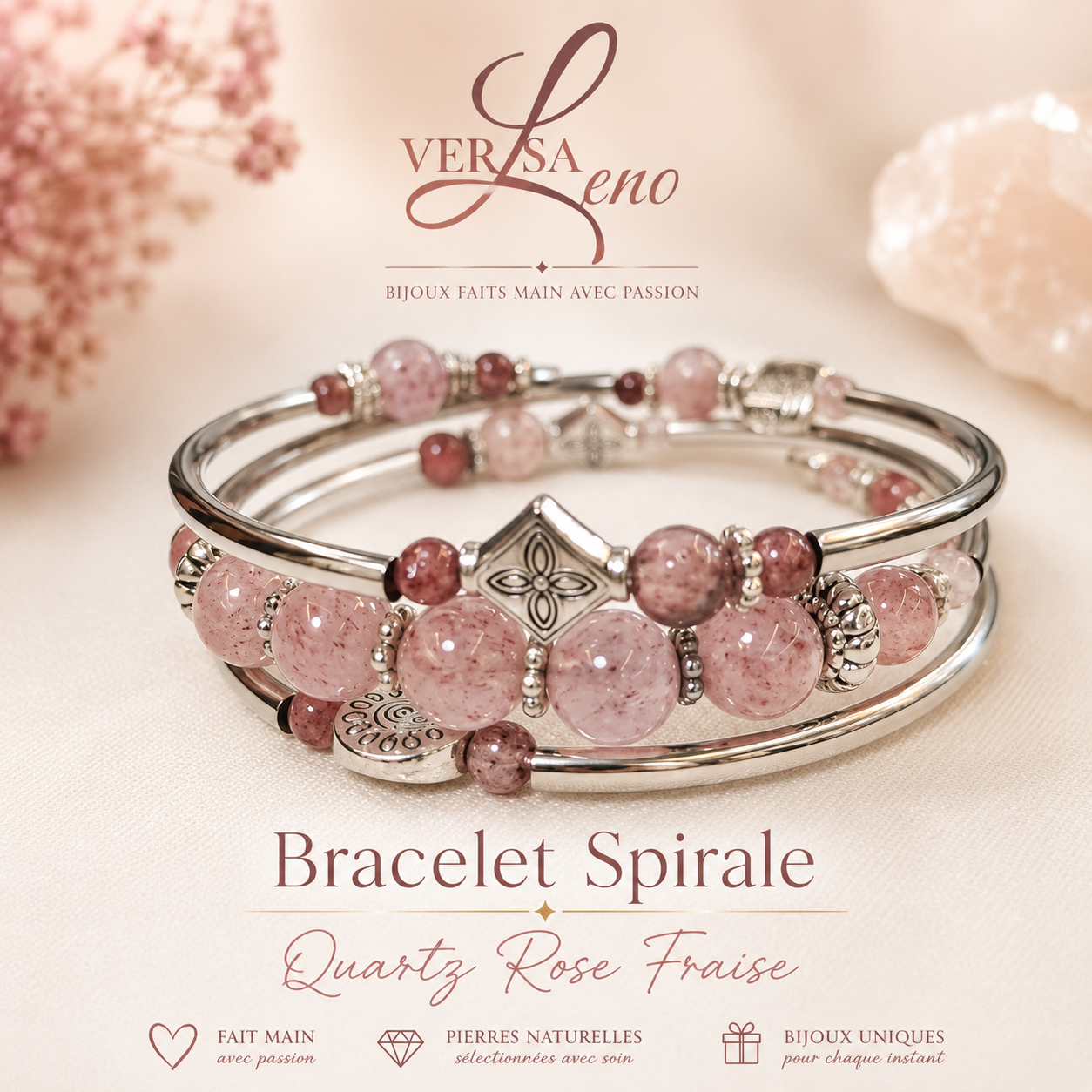 Bracelet Spirale Quartz Rose Fraise — VersaLeno