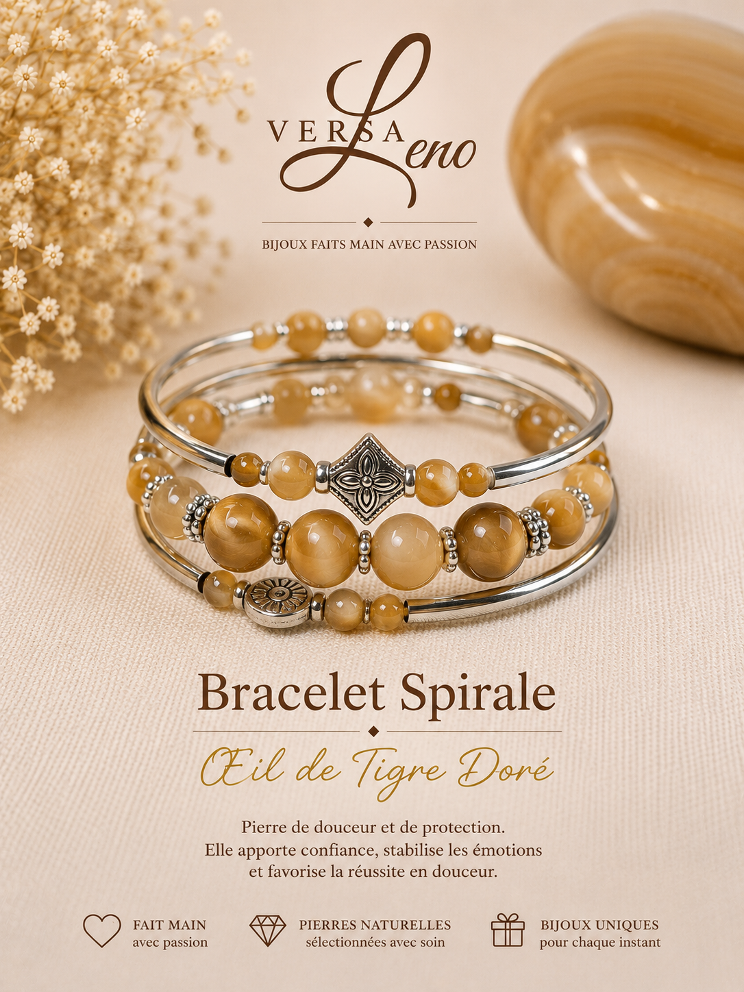 Bracelet Spirale Œil de Tigre Doré — VersaLeno